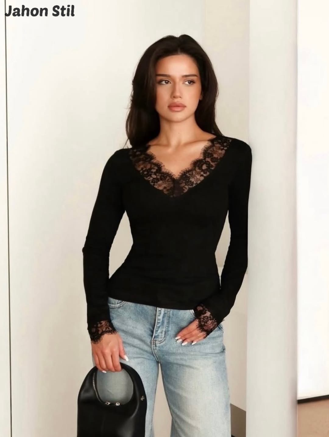 лонгслив pieces barbera черный,лонгслив с кружевом женский,джемпер женский кружевной,черный облегающий топ в рубчик с v-образным вырезом с кружевной отделкой,футболка с кружевной отделкой
