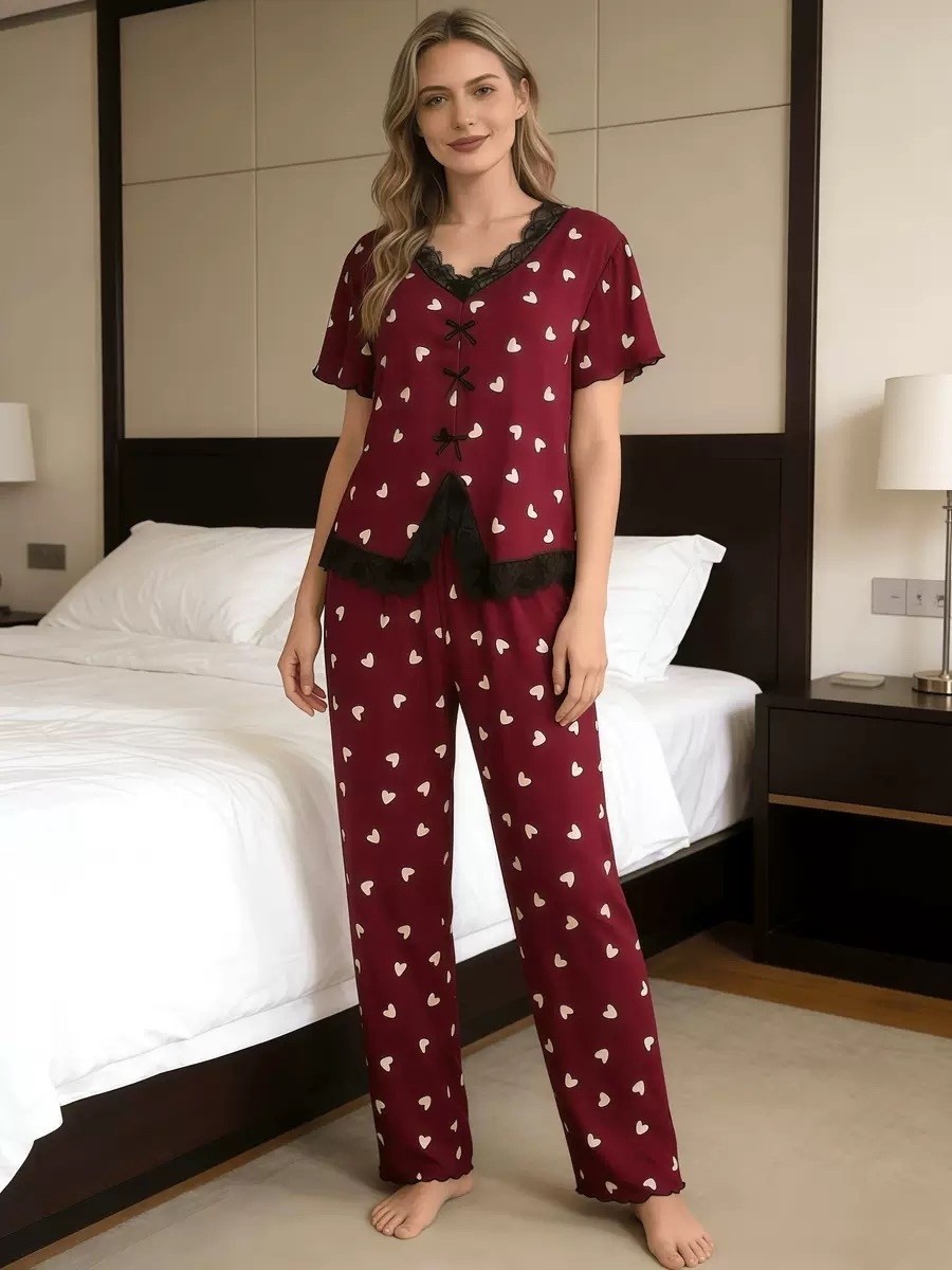 пижама женская с брюками m,l,xl,xxl,с сердечками,женские пижамы,пижама для женщин,пижама со штанами и рубашкой с сердечками,пижама женская комплект