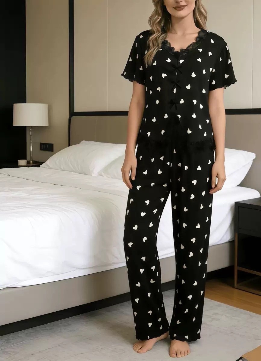 пижама женская с брюками m,l,xl,xxl,с сердечками,женские пижамы,пижама для женщин,пижама со штанами и рубашкой с сердечками,пижама женская комплект