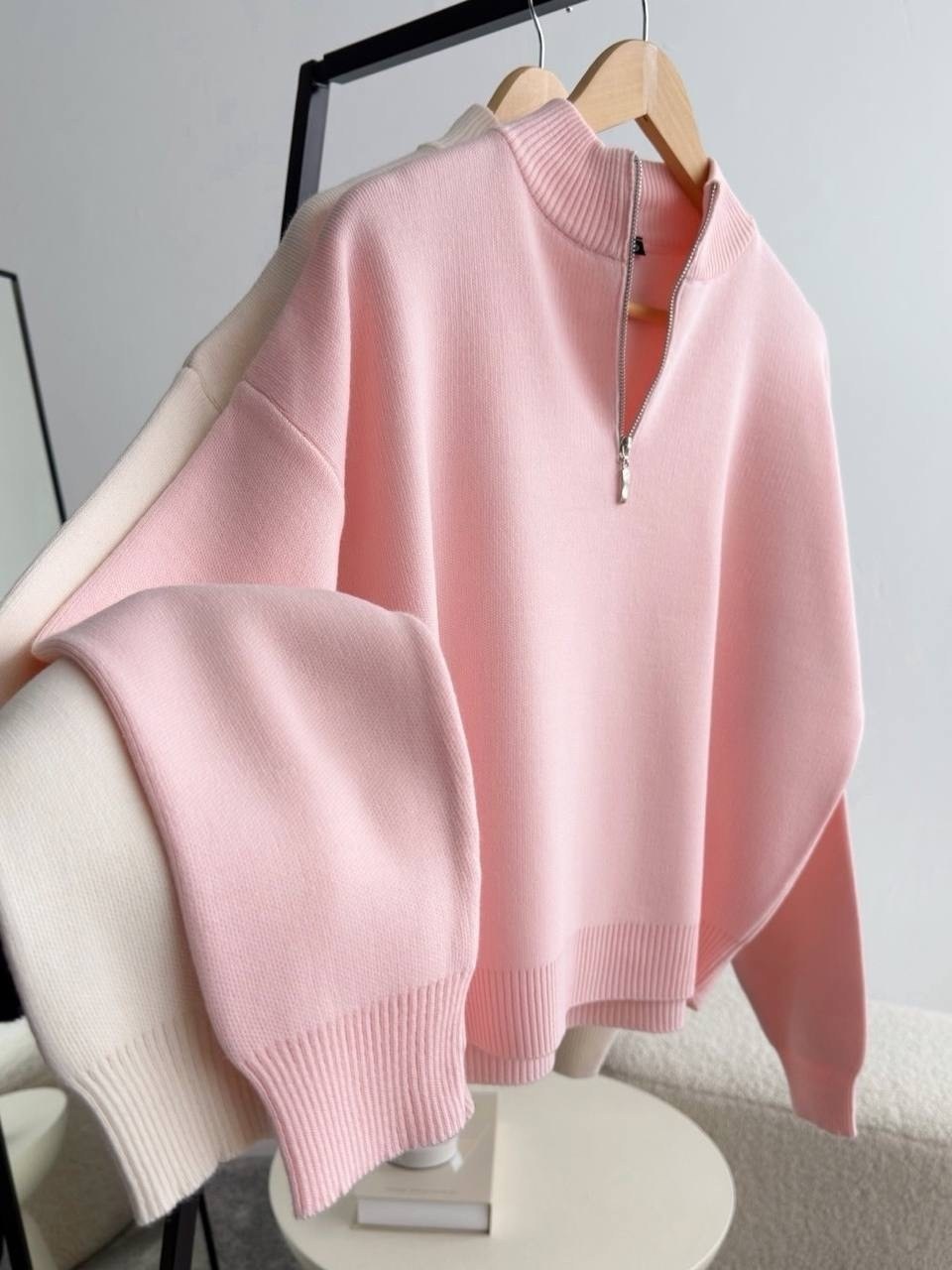 розовый свитер,женский вязаный свитер оверсайз розовый,розовая кофта,свитера женские,свитер на молнии оверсайз