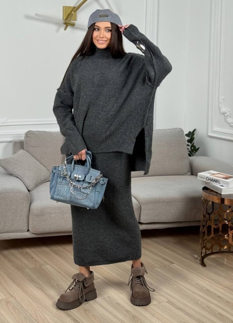 костюм двойка: юбка и джемпер (вязаный трикотаж),костюм вязаный двойка юбка и свитер теплый magglia цвет темно-серый,костюм вязаный двойка юбка и свитер теплый magglia 193097074,костюм вязаный с юбкой