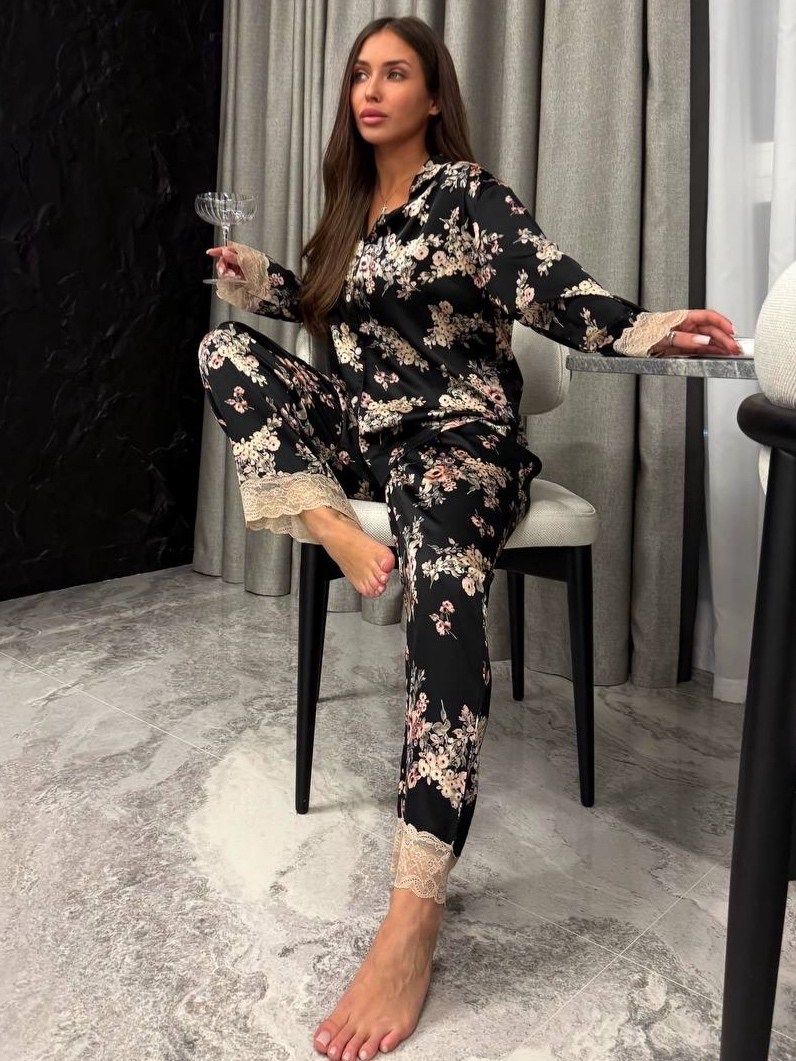 шёлковые пижамы,костюм в пижамном стиле,шёлковая пижама с принтом mia-amore elmira 4266,комплект пижама,женские пижамы