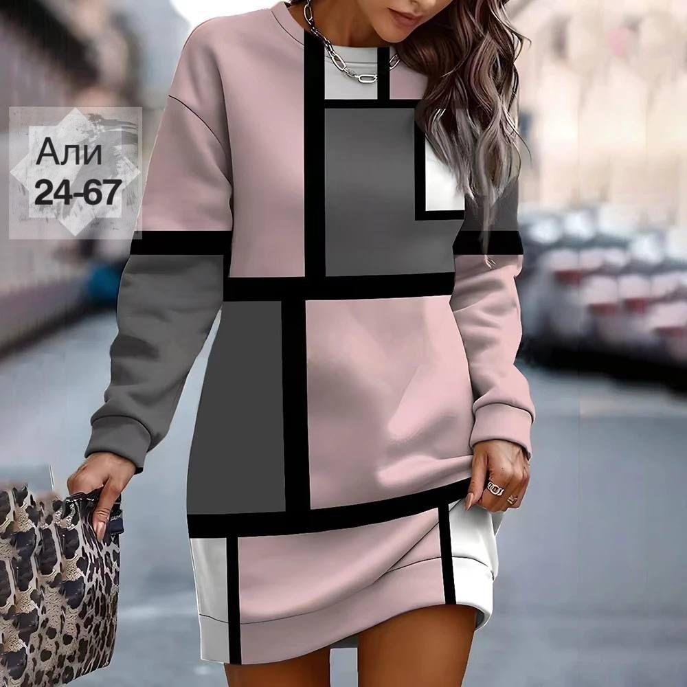 платье-туника женское,платье модное,платье свитшот женское,платье женское короткое,платье-толстовка с круглым вырезом и принтом для женщин осень/зима