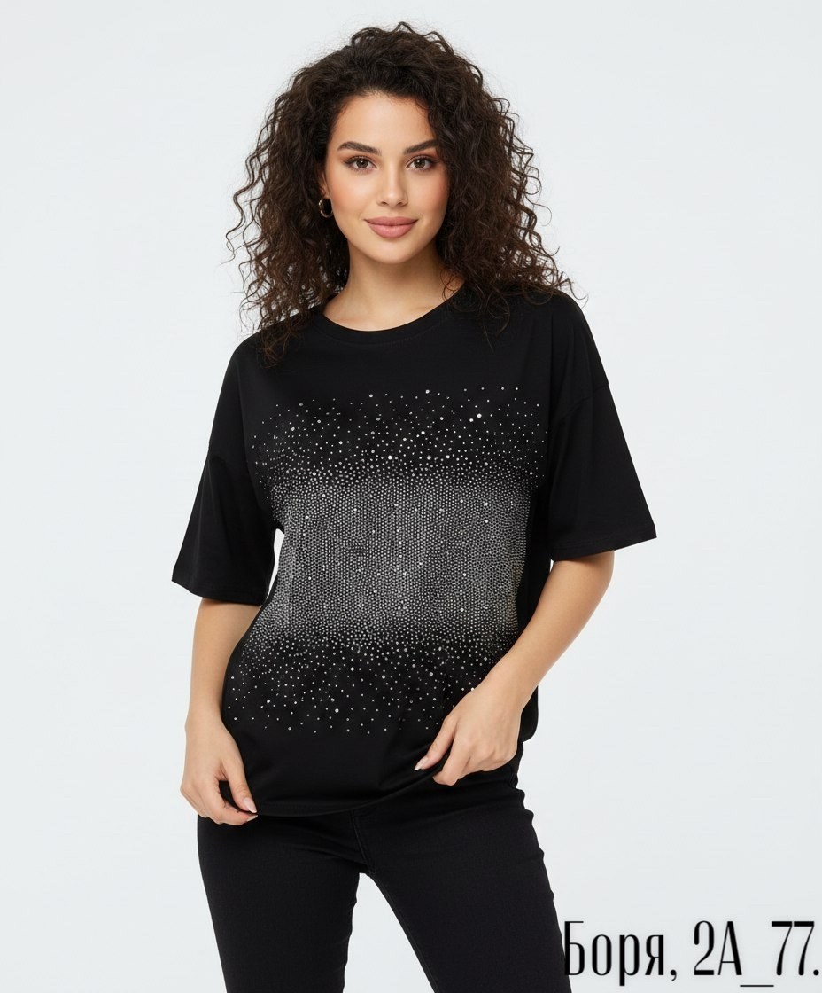 базовая футболка со стразами оверсайз туника черная abidov style,футболка женская,футболка со стразами,футболка варенка со стразами оверсайз bema brend,женская футболка со стразами