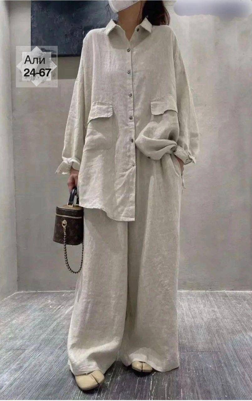 костюм брючный льняной женский широкие брюки и рубашка moda-mo,льняной костюм оверсайз женский брючный,костюм брючный льняной,костюм льняной женский двойка,костюм женский модный льняной