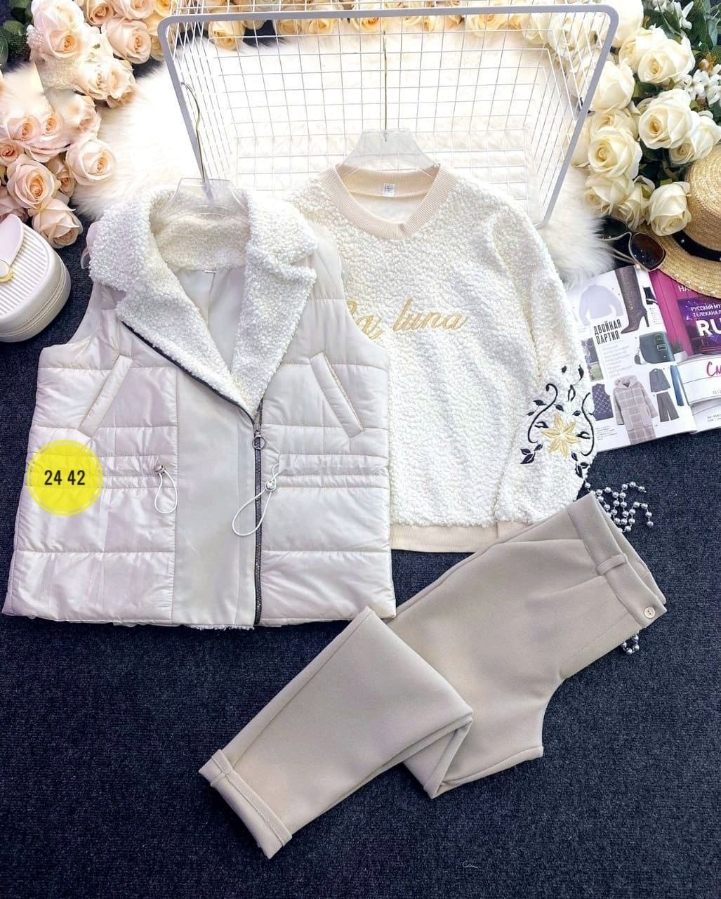комплект одежды shuohang,женский свитер в корейском стиле и жилет из овечьей шерсти и брюки,женский зимний теплый комплект из трех предметов, свитер и брюки,женский теплый костюм,теплый костюм