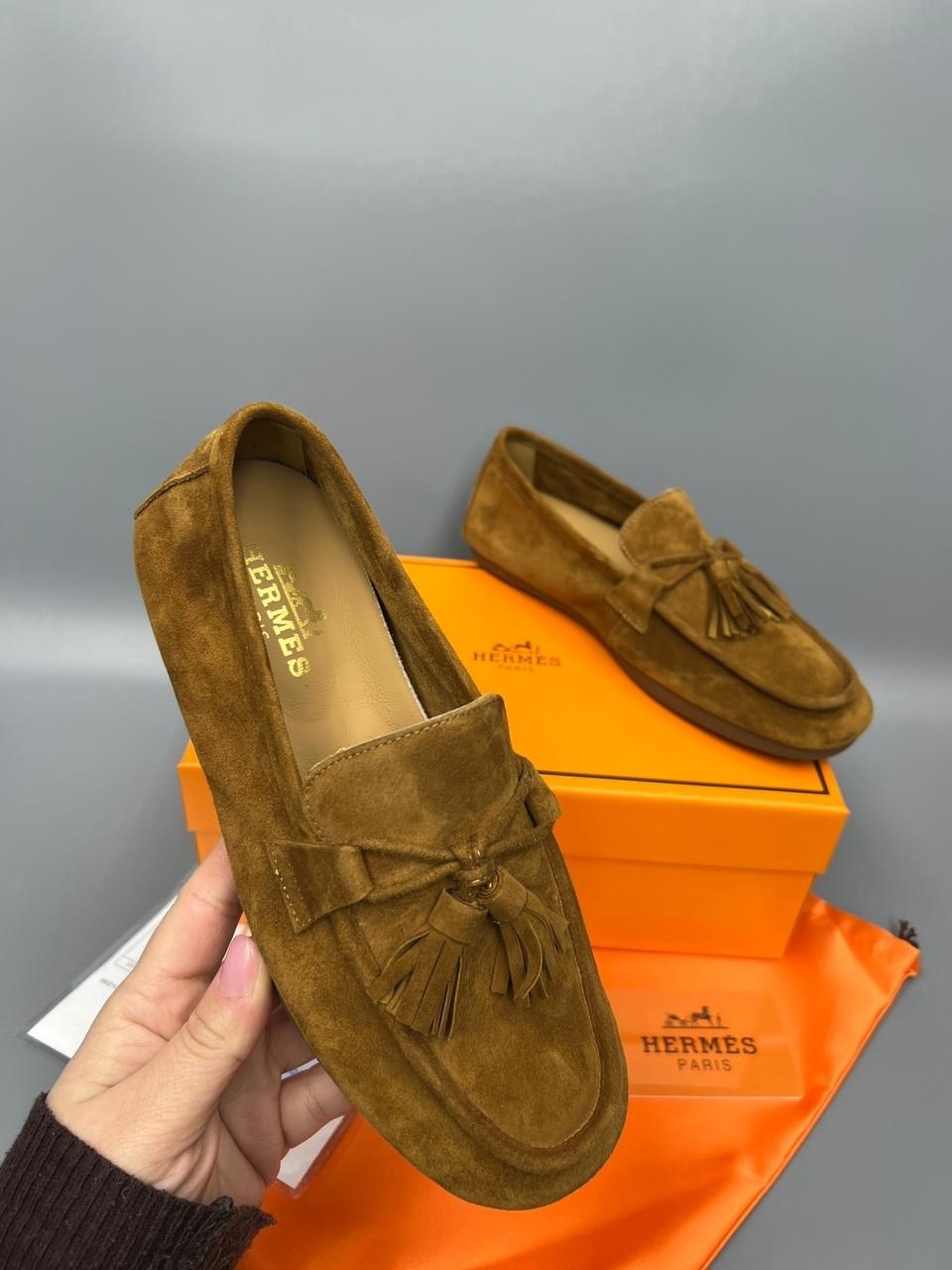 замшевые лоферы,,замшевые лоферы hermes,женские замшевые лоферы,коричневые лоферы