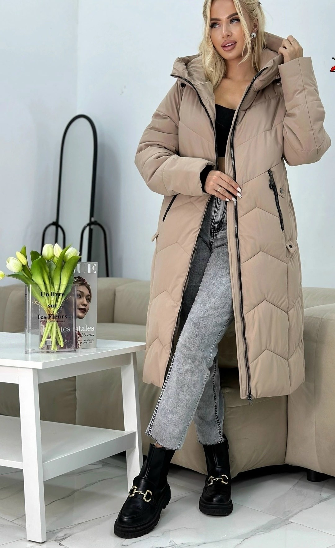 куртка женская зимняя с капюшоном удлиненная,зимняя куртка женская,пуховик бежевый,пуховик женский,куртка зимняя удлиненная