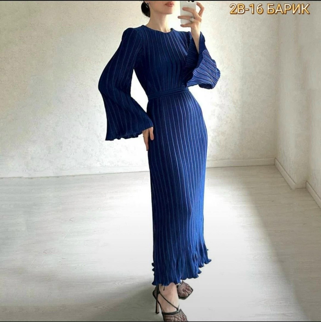 женское платье макси с длинным рукавом, однотонное плиссированное платье-туника,повседневное однотонное плиссированное платье с круглым вырезом и расклешенными рукавами,женское длинное плиссированное