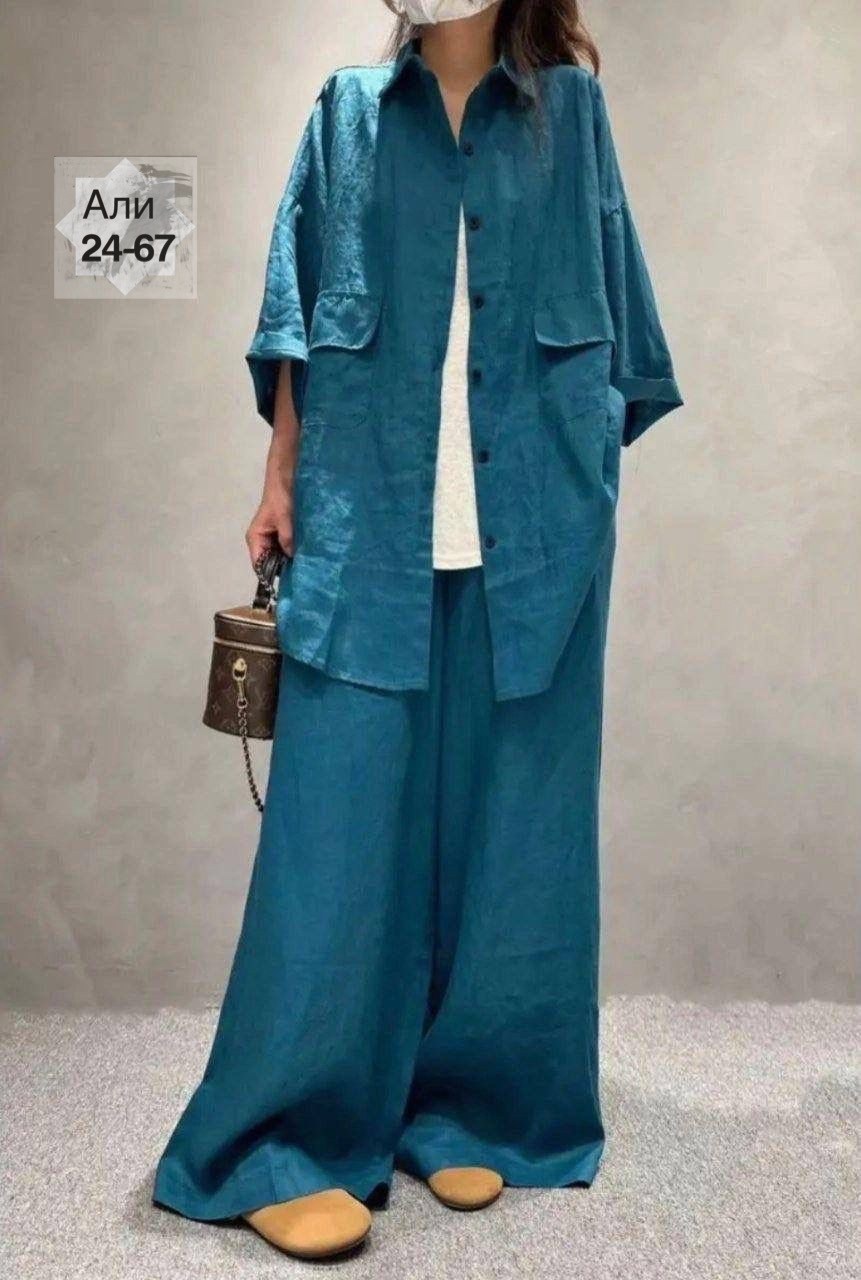 костюм брючный льняной женский широкие брюки и рубашка moda-mo,льняной костюм оверсайз женский брючный,костюм брючный льняной,костюм льняной женский двойка,костюм женский модный льняной