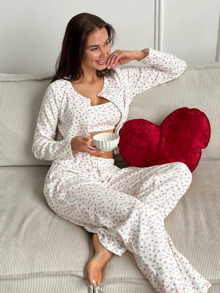 пижама муслиновая со штанами isabella dreams,женская пижама,пижама со штанами с принтом ysense,пижама муслиновая женская тройка хадим,пижама со штанами с принтом ysense 256770276