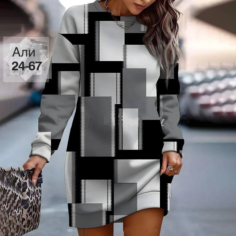 платье-туника женское,платье модное,платье свитшот женское,платье женское короткое,платье-толстовка с круглым вырезом и принтом для женщин осень/зима