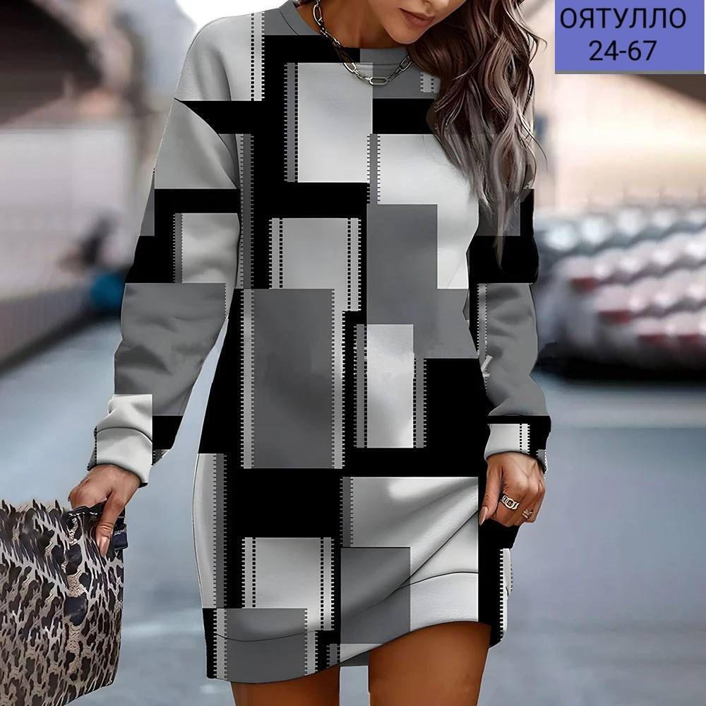 платье-туника женское,платье свитшот женское,платье модное,платье-толстовка с круглым вырезом и принтом для женщин осень/зима,платье свитер