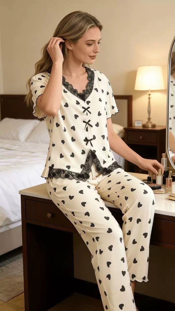 пижама женская с брюками m,l,xl,xxl,с сердечками,женские пижамы,пижама для женщин,пижама со штанами и рубашкой с сердечками,пижама женская комплект