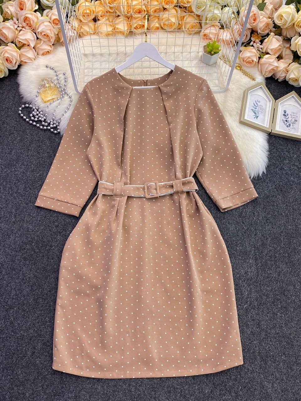 платье женские,платье,бежевое платье в горошек,нарядное платье,модное платье