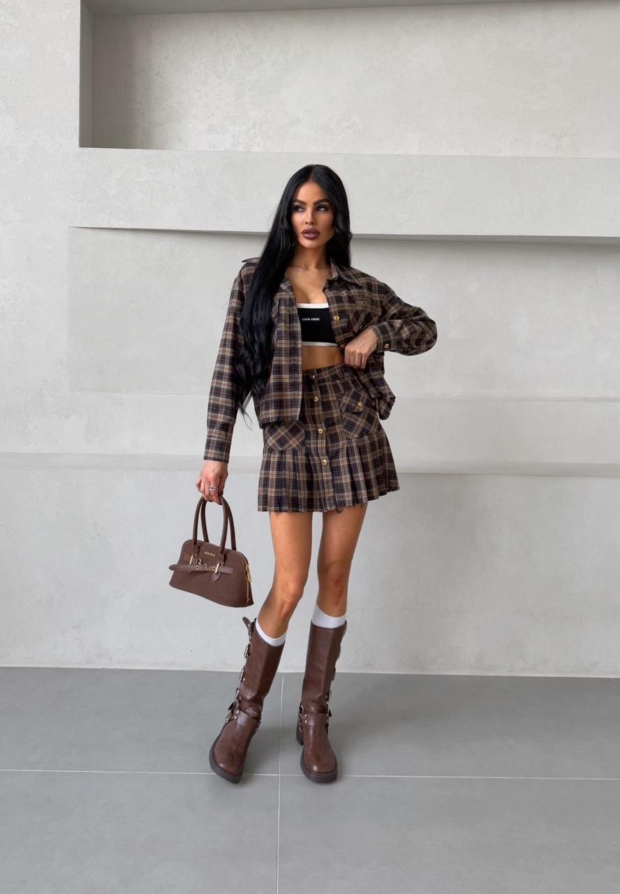 юбочный костюм в клетку,костюм в клетку,костюм с юбкой и рубашкой,костюм женский в клетку,костюм в клетку с юбкой