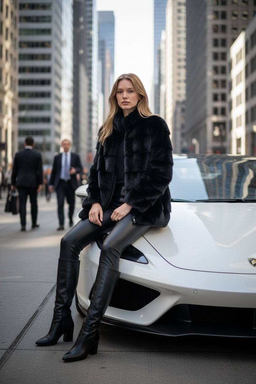 шуба с кожаными штанами,мода модная,женская мода,уличный стиль