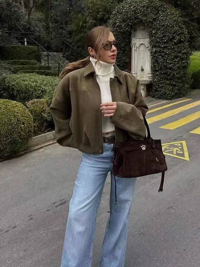 замшевая куртка,стильная женская замшевая куртка-бомбер,куртка свободного кроя,модные джинсы