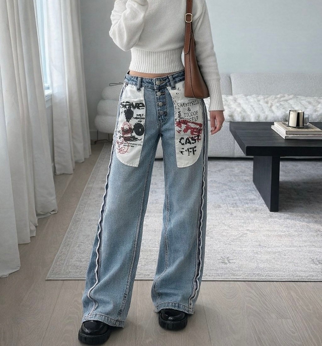 джинсы с принтом,модные джинсы,женские свободные джинсы с граффити,джинсы с рисунком,широкие джинсы
