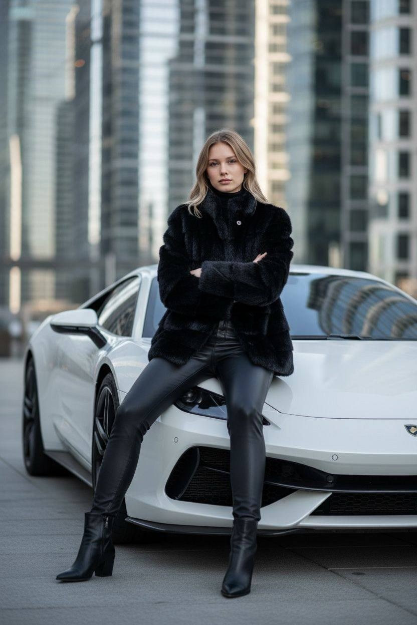 шуба с кожаными штанами,мода модная,женская мода,уличный стиль