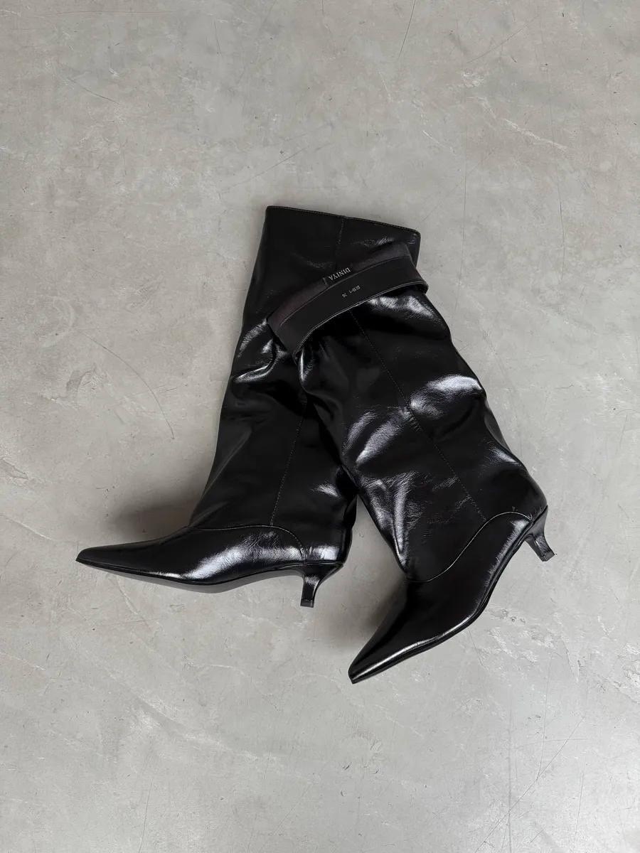 модные женские лакированные сапоги выше колена,женские массивные высокие сапоги с острым носком,женские лакированные кожаные ботфорты,женские сапоги,высокие сапоги