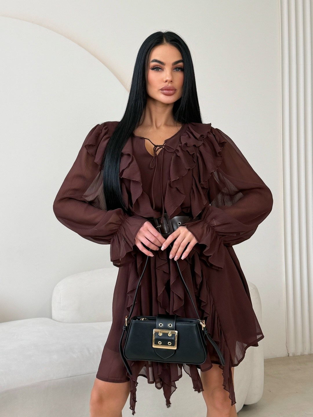 шифоновое платье,платье,платье коричневое,платье женская,темно-коричневое мини-платье из шифона с рюшами new look