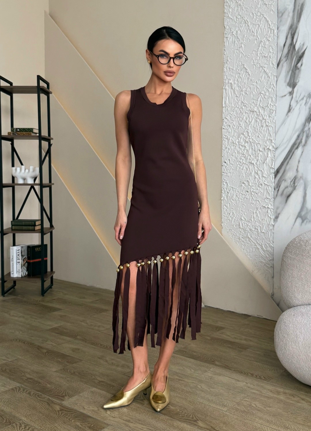 платье с бахромой,платье,платье коричневое,платье идеальное,асимметричное платье