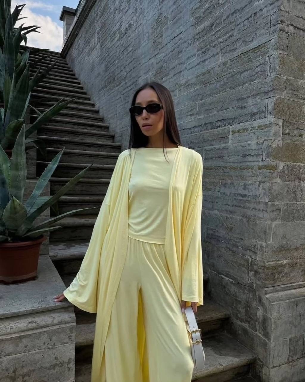 женский кардиган, топ и брюки,стильные костюмы,костюм женский,костюм с брюками палаццо,костюм тройка брючный с топом из вискозы легкий летний sensuluxe 422451853