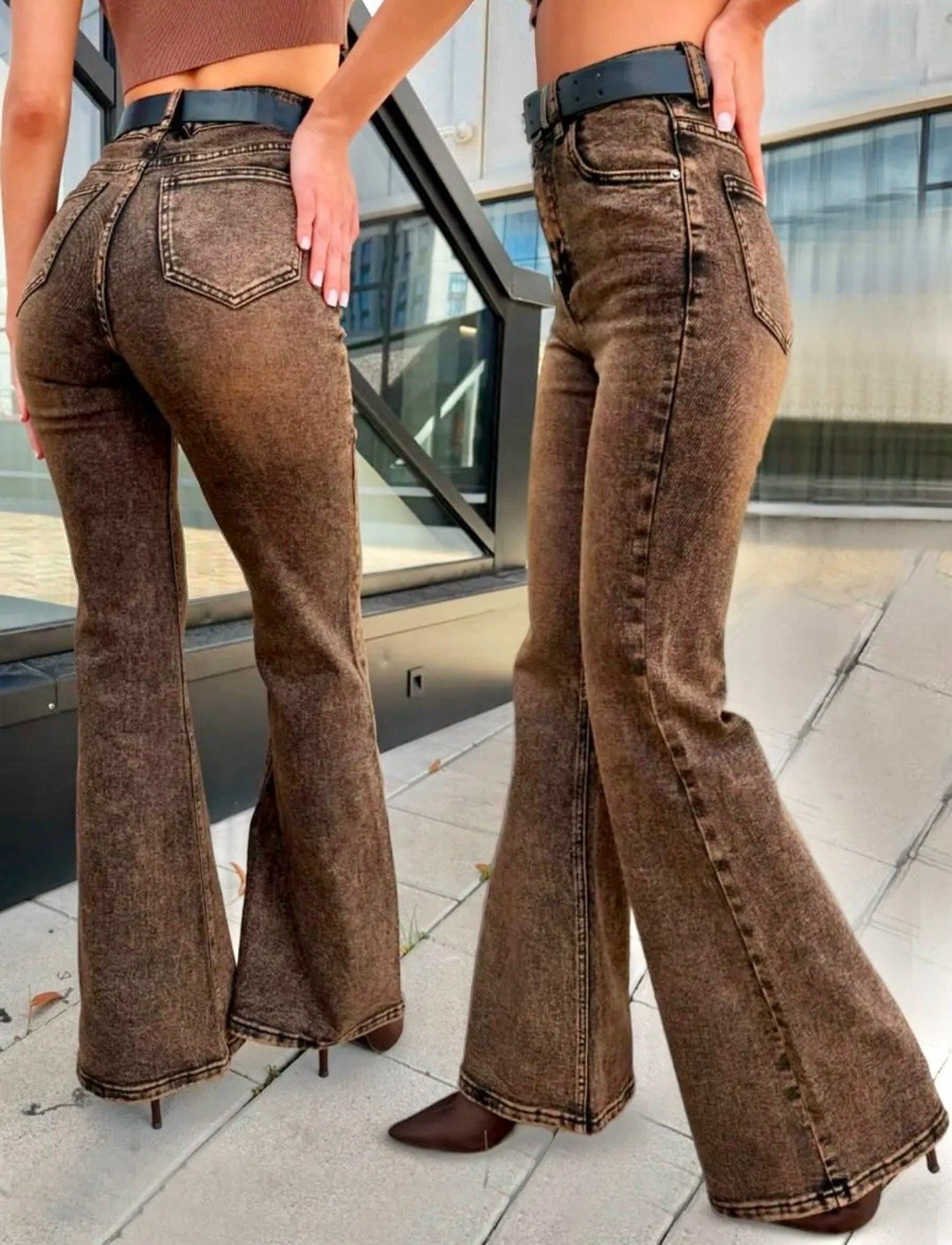 джинсы клеш женские,джинсы клеш,модные джинсы,джинсы-клеш с высокой талией,коричневые джинсы клеш