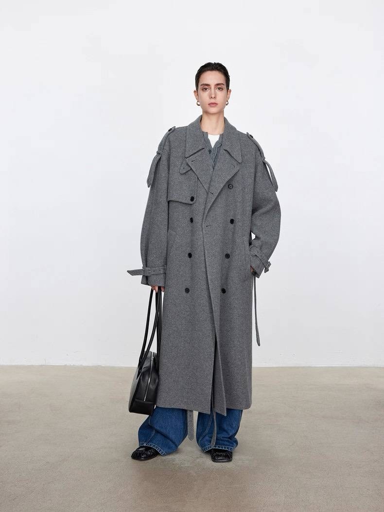 стильное пальто,двустороннее шерстяное пальто с поясом cos,серые женские пальто,пальто оверсайз,пальто с поясом