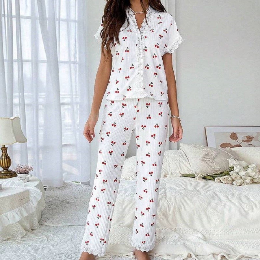 пижама с вишенками женская zolifon,пижама женская кружевная zolifon,женский пижамный комплект,женская пижама,комплект пижама