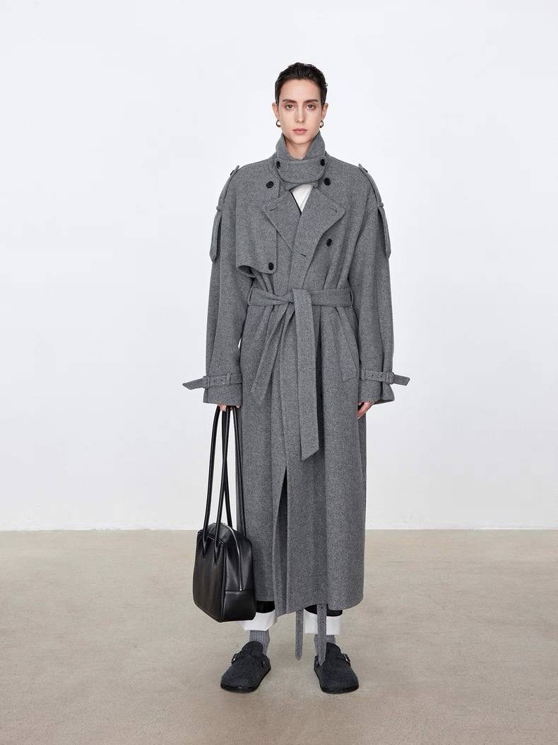 стильное пальто,двустороннее шерстяное пальто с поясом cos,серые женские пальто,пальто оверсайз,пальто с поясом