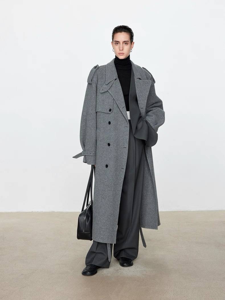 стильное пальто,двустороннее шерстяное пальто с поясом cos,серые женские пальто,пальто оверсайз,пальто с поясом