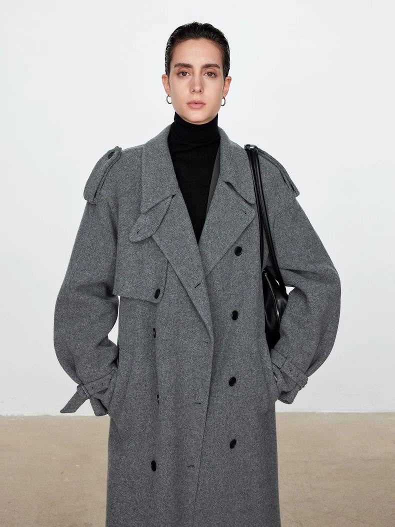 стильное пальто,двустороннее шерстяное пальто с поясом cos,серые женские пальто,пальто оверсайз,пальто с поясом
