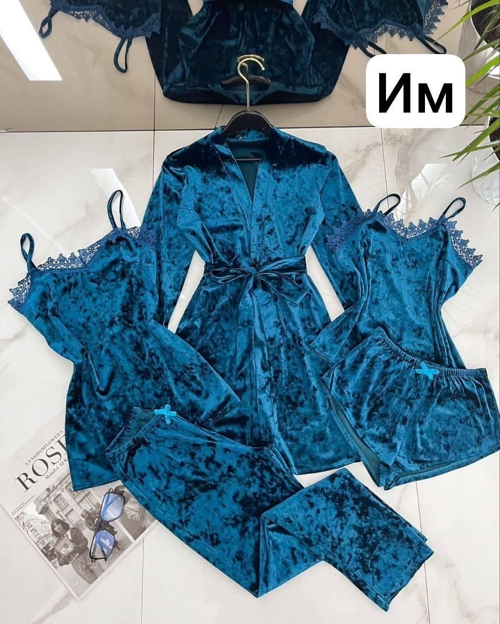 комплект пижам 5 в 1,женские пижамы из бархата,комплект пижамный тройка велюр,пижама женская бархатная комплект,пижама велюр