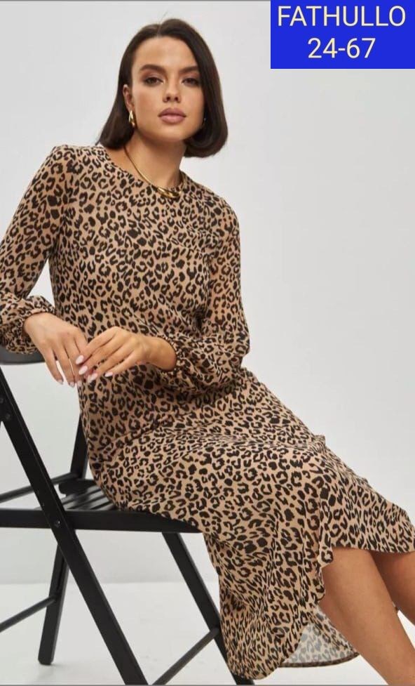 платье шифон леопард,платье женское,модное платье,платье длины миди,платье миди