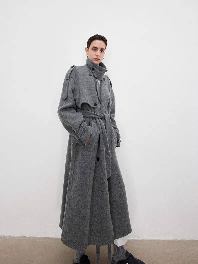 стильное пальто,двустороннее шерстяное пальто с поясом cos,серые женские пальто,пальто оверсайз,пальто с поясом