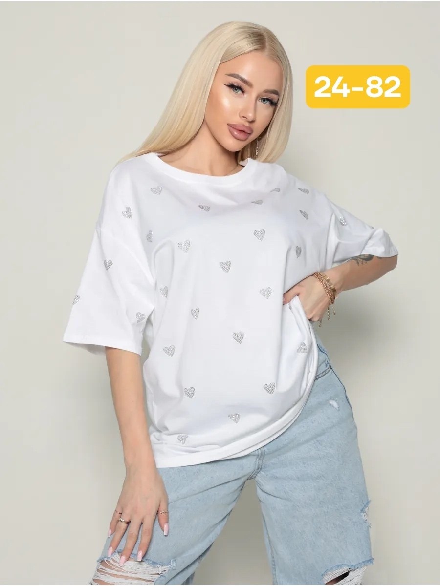 футболка оверсайз y2k варенка со стразами белая micca,женская футболка со стразами,женская футболка,женская футболка оверсайз,футболка со стразами
