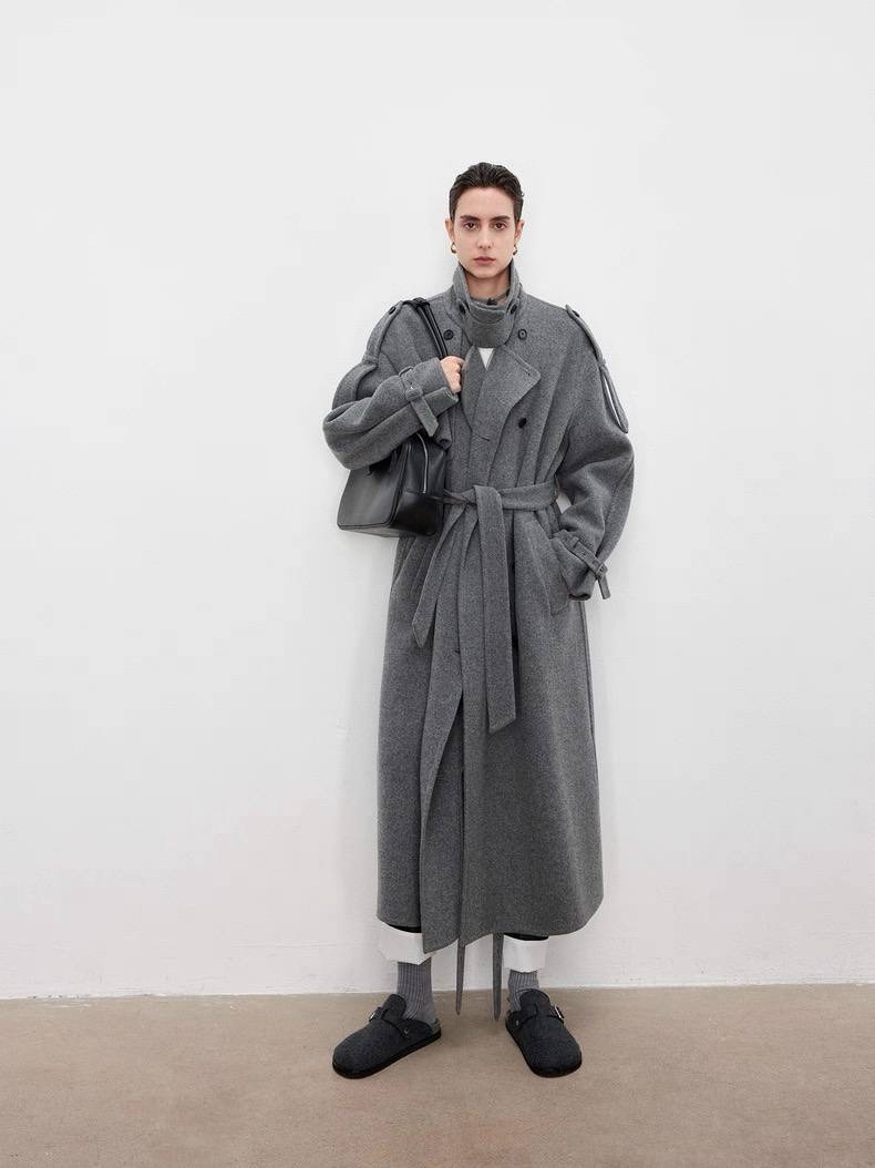 стильное пальто,двустороннее шерстяное пальто с поясом cos,серые женские пальто,пальто оверсайз,пальто с поясом