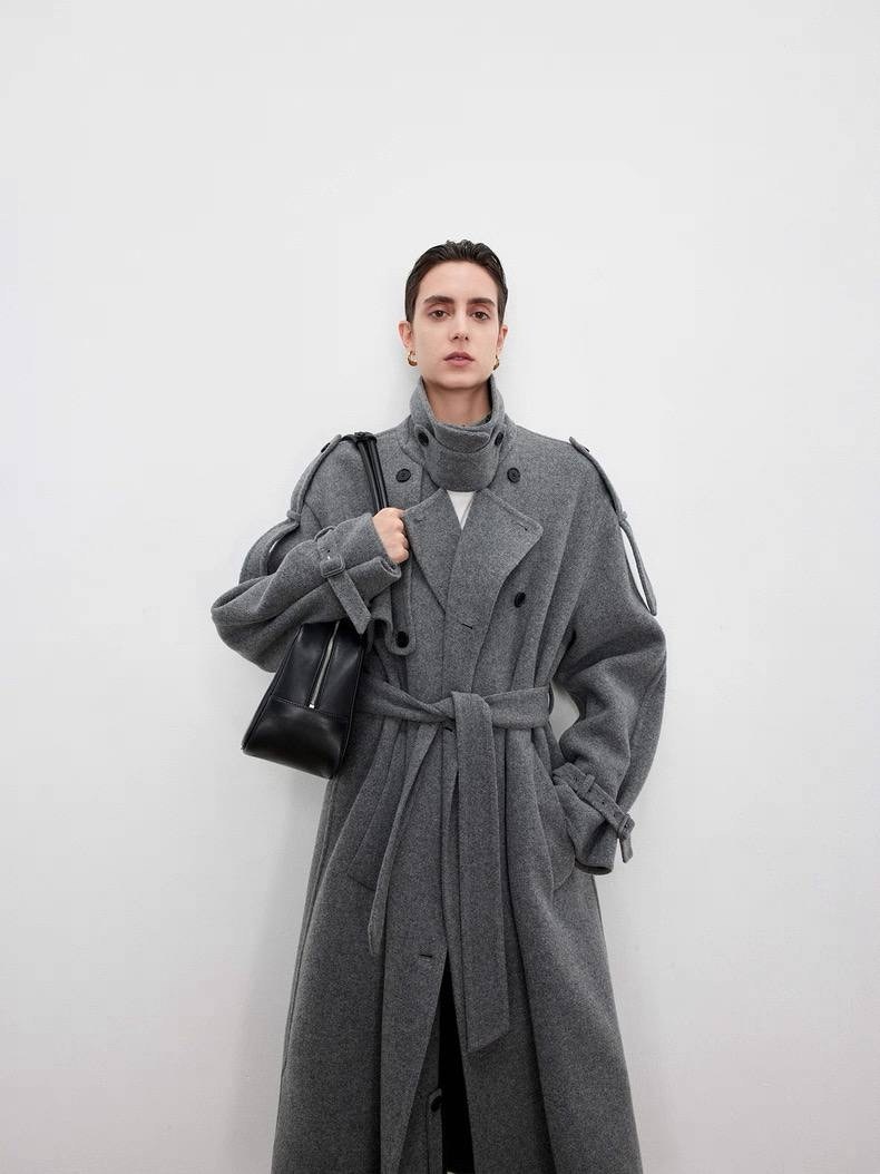 стильное пальто,двустороннее шерстяное пальто с поясом cos,серые женские пальто,пальто оверсайз,пальто с поясом