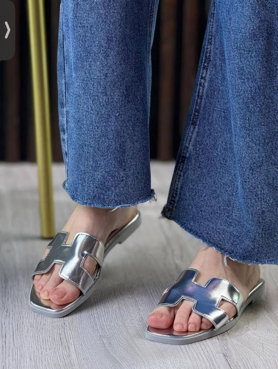 шлепки эрмес серебро,шлепки hermes,шлепки женские,пантолеты hermes женские,шлепки гермес женские