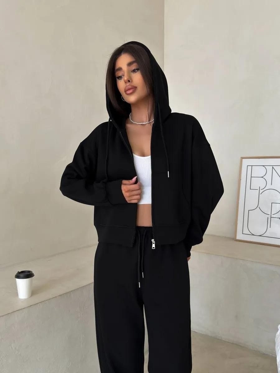 костюм спортивный со штанами джоггеры и зип худи micca цвет черный,спортивные костюмы на флисе,костюм спортивный женский,костюм спортивный со штанами джоггеры и зип худи micca,костюм спортивный