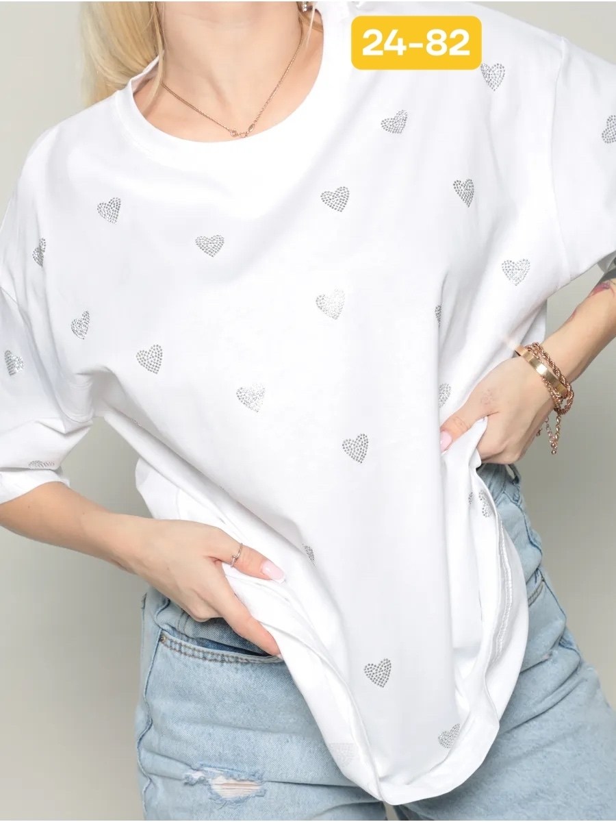футболка оверсайз y2k варенка со стразами белая micca,женская футболка со стразами,женская футболка,женская футболка оверсайз,футболка со стразами