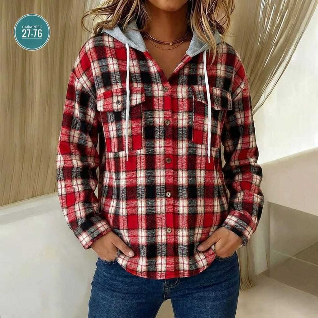 рубашка женская,рубашка женская с капюшоном,рубашка в клетку с капюшоном,кофта женская,рубашка с капюшоном