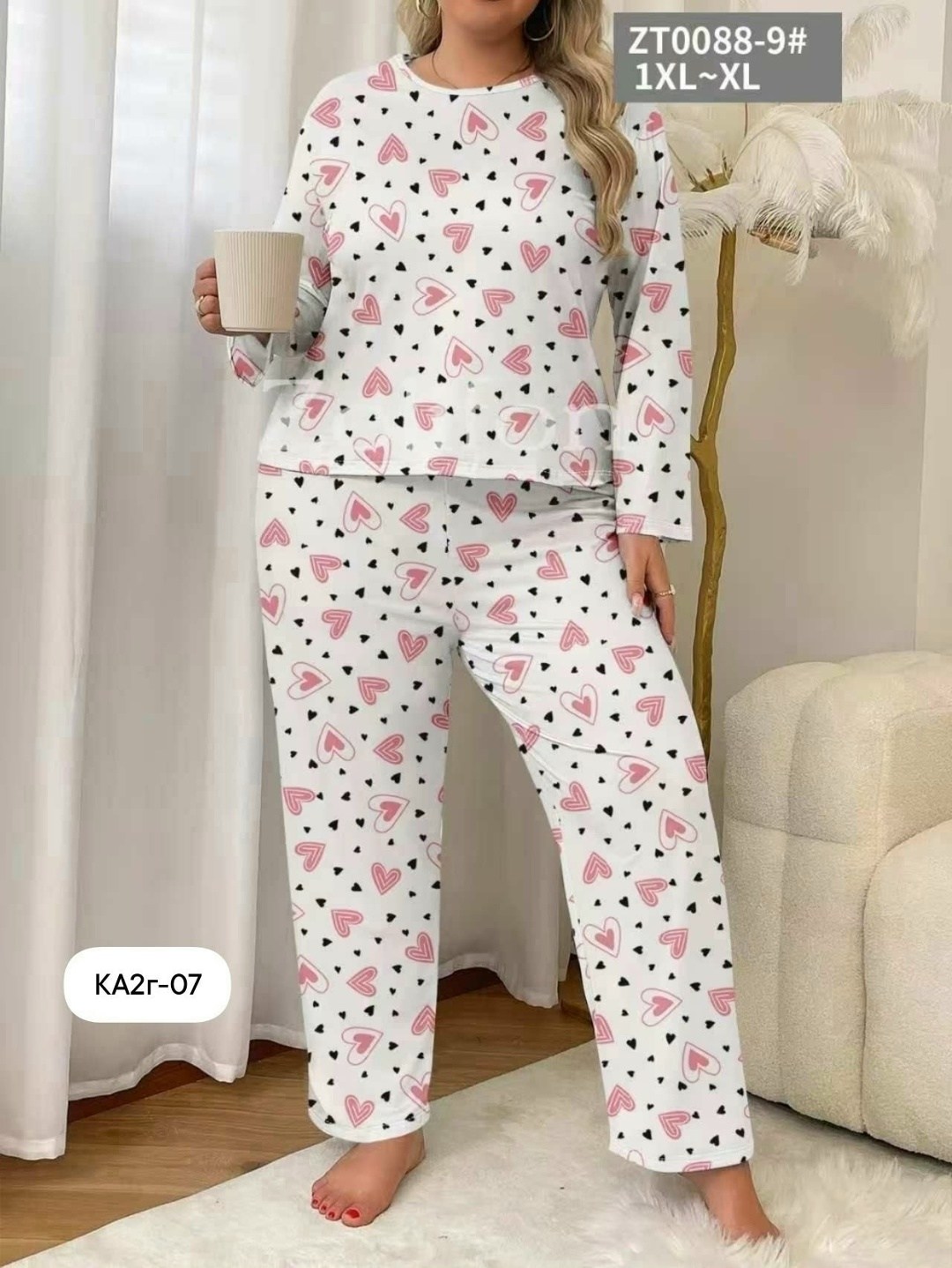 пижама с принтом,пижама с принтом сердечка shein размера плюс,пижама домашний одежда,женская пижама,пижама для взрослых