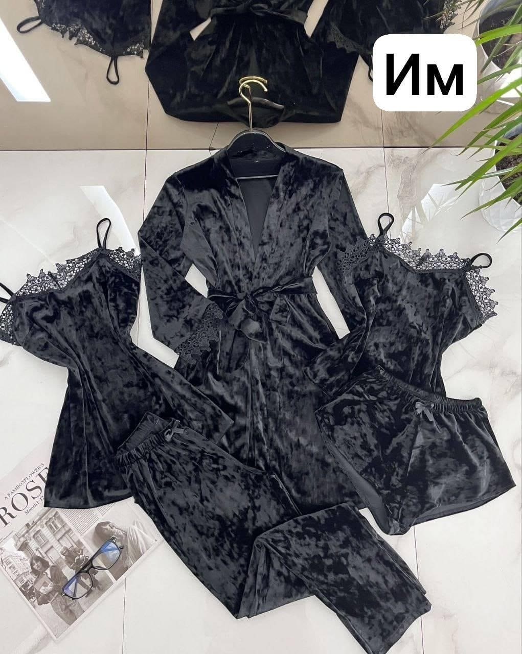 комплект пижам 5 в 1,женские пижамы из бархата,комплект пижамный тройка велюр,пижама женская бархатная комплект,пижама велюр