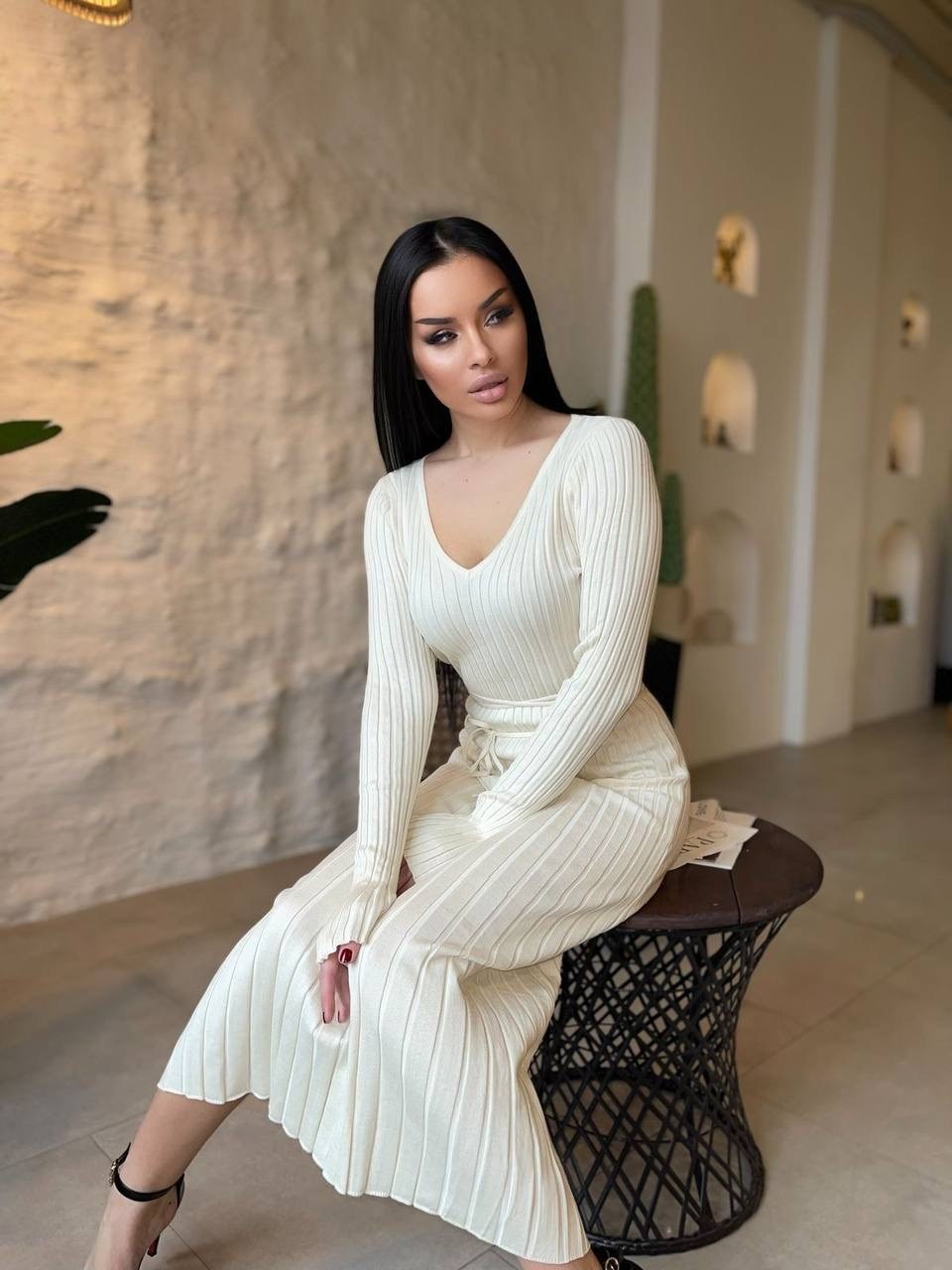 платье лапша женское трикотажное,платье лапша вязаное теплое a&b_dress_code,трикотажное платье-лапша с поясом seven wishes цвет молочный,платье женское,трикотажное платье