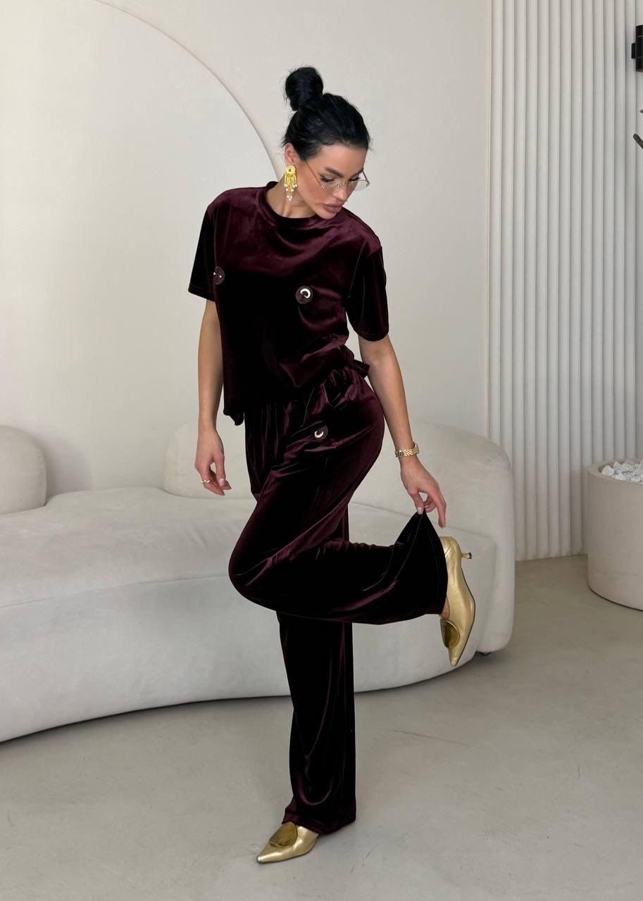велюровый костюм,велюровый костюм женский,костюм с брюками,костюм dstrend 018620490 сливовый,домашний велюровый костюм