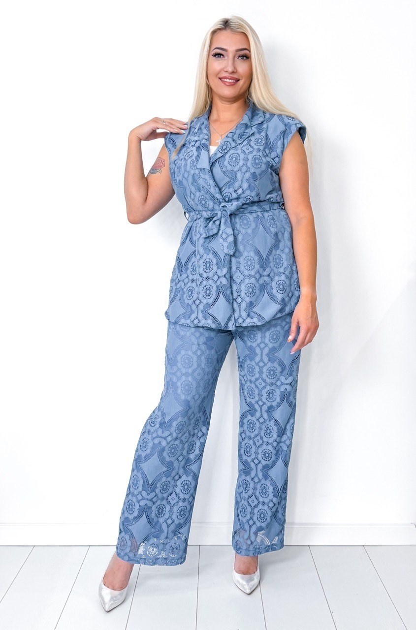 брючный костюм к5-5450/4 бирюзовый,брючный костюм к5-5450/4,костюм двойка гипюр,кружевной мятный брючный костюм w-к5-5450/4,костюм женский wisell к5-5450 голубой 48 ru