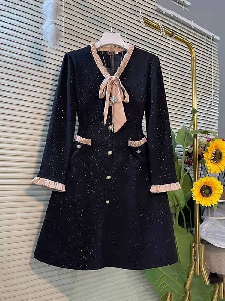 платье женская,твидовое платье для женщин,черное платье,винтажное платье,платье с бантом